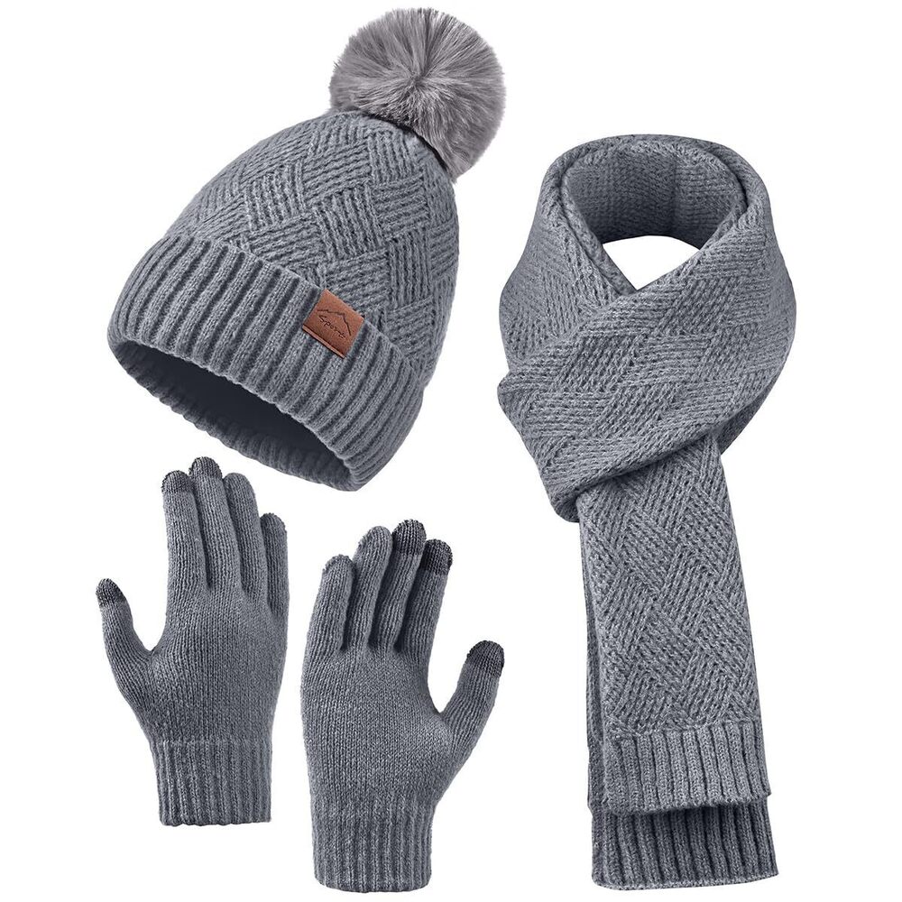 5329 Beanie Hat Scarf Gloves Set,Fleece Lined Winter Hat with Pom Pom,Long